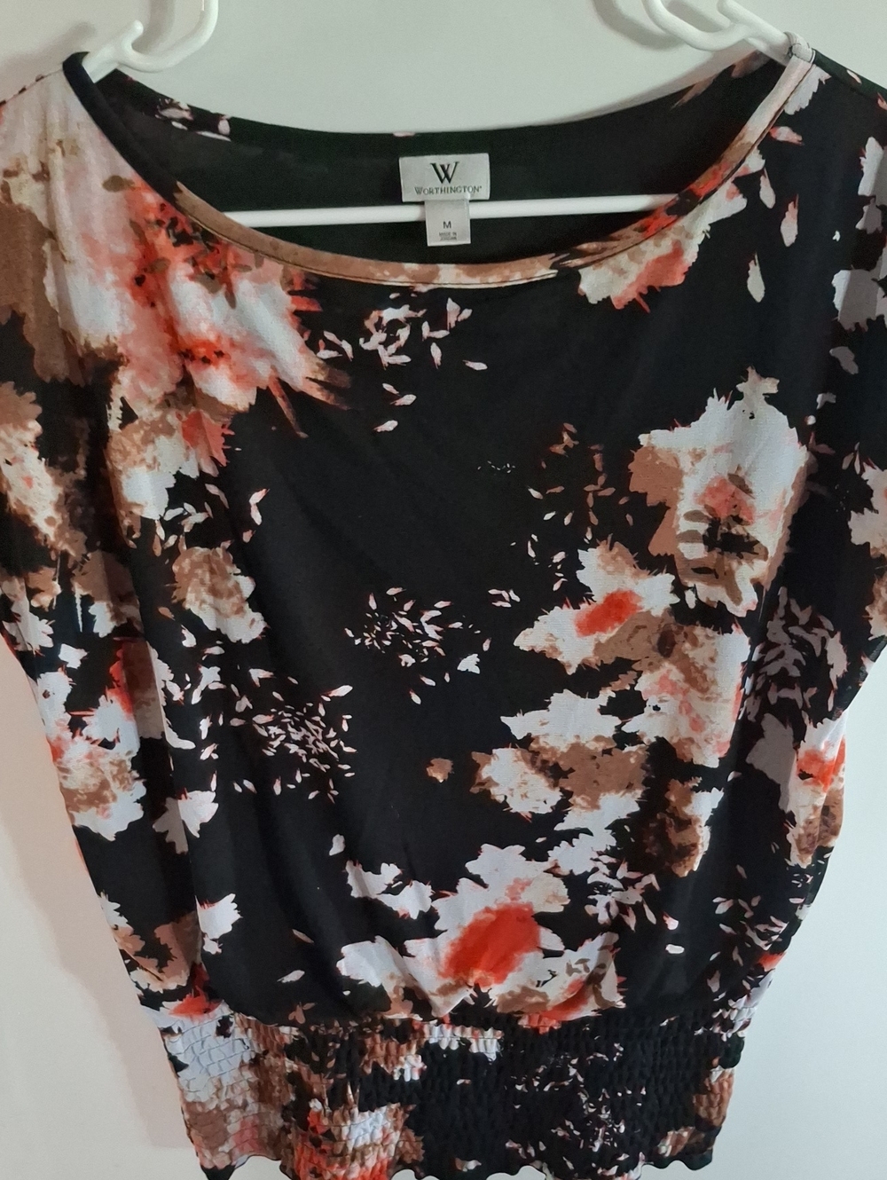Worthington Black Floral Short-Sleeve Blouse - Black, Brown & Coral
